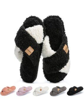〽️Women Black White Fuzzy Open Toe Slippers Cozy Cross Band Faux Fur House Shoes